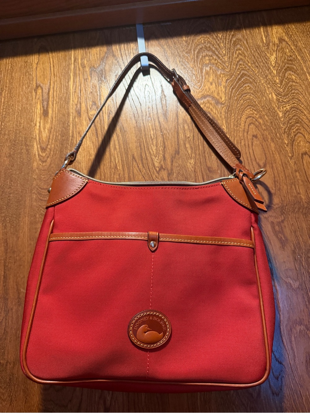 Dooney & Bourke Red Canvas Shoulder Bag with Brown Leather Trim and Strap